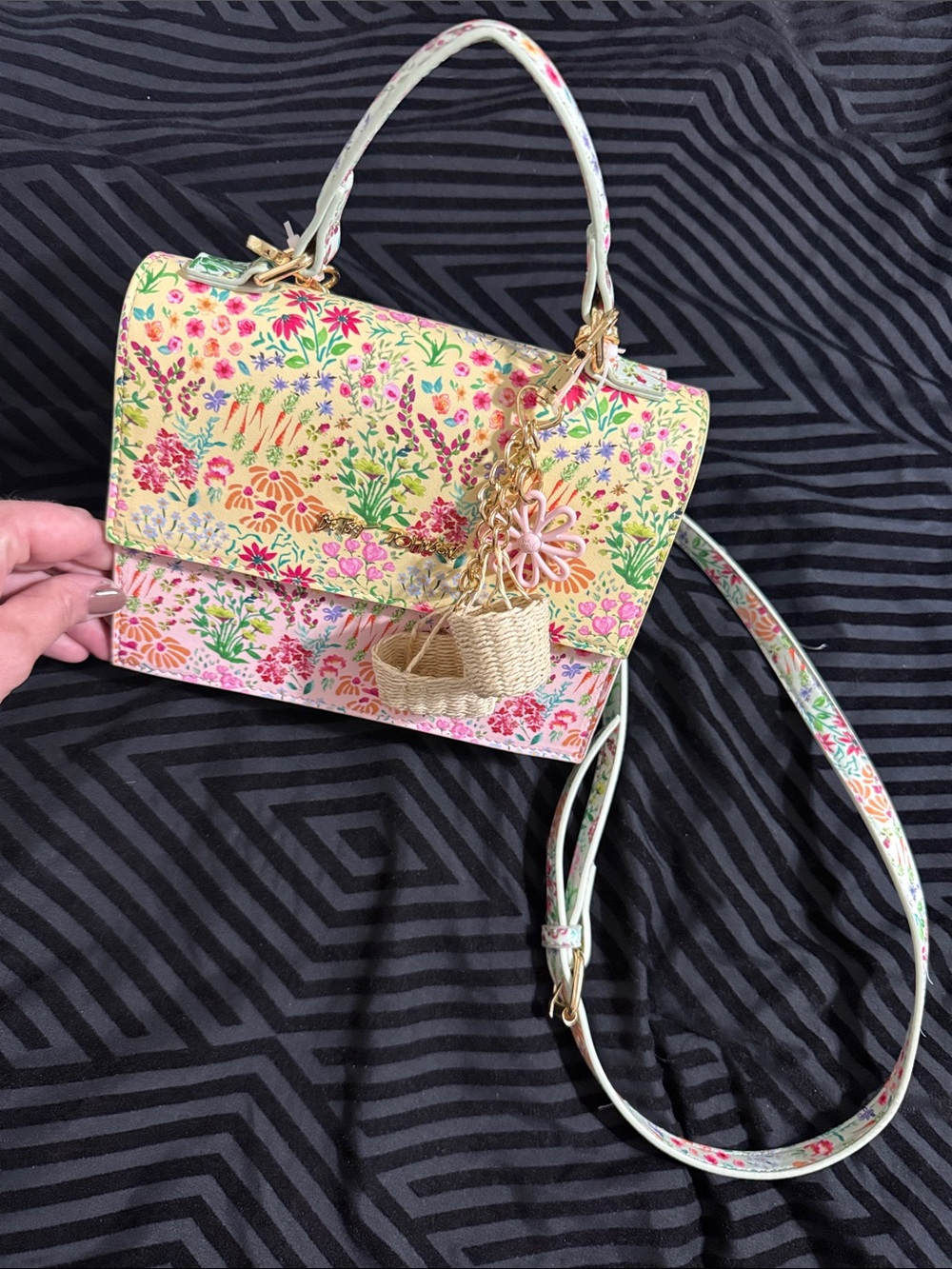 Betsey Johnson Yellow Pink Floral Top-Handle Crossbody Bag